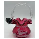 Vtg. Fenton Hand-painted Cranberry Glass Basket