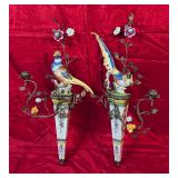 2 Luxurious Porcelain & Bronze Ormolu Bird Sconces