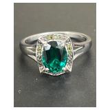 Sterling Silver Emerald & Diamond Ring