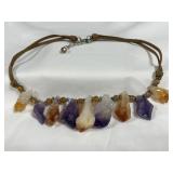 Leather Amethyst & Yellow/Brown Quartz Necklace