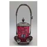 Antique Silver-Plated Pickle Castor w/HP Jar