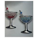 2 Cocktail Themed Brooches w/Colorful Rhinestones