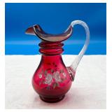 Hand Painted Fenton Art Glass Cranberry Pitcher