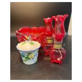 VTG Carnival Glass BowL, Trinket Dish & 2 Oil Lamp