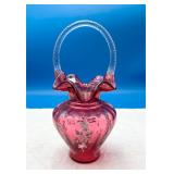 Hand Painted Fenton Art Glass Cranberry Basket
