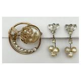 Pearl & Rhinestone Pin/Brooch and Earrings
