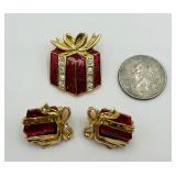 Pretty Enamel Christmas Packages Pin & Ear Clips