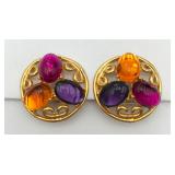 Large Golden Round Cabochon Ear Clips
