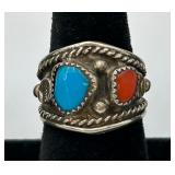 VTG Navajo Sterling Silver, Turquoise & Coral Ring