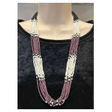 10-Strand Purple, Black & White Bead Necklace