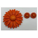 Large Fun 1970ï¿½s Orange Flower Pin & Ear Clips