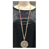 Fancy Golden Disc w/ Clear Rhinestones Necklace