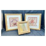 2 Floral Framed Pictures & Gold Framed Mirror