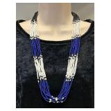 10-Strand Blue, Black & White Bead Necklace
