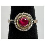 Sterling Silver & 14K Gold, Garnet & Diamond Ring