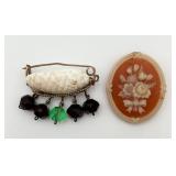 Ant. Pin w/Green/Garnet Beads & Incolay Stone Pin