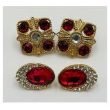 2 Beautiful Ear Clips w/Red & Clear Rhinestones