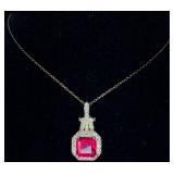 Sterling Asscher Cut Ruby & Diamonds Necklace