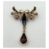 Vintage Gold Tone Multicolor Stone Dangle Brooch