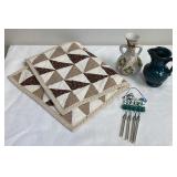 Patchwork (2) Placemats, 2 VTG Vases,Wind Chime