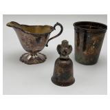 Silver Plated Creamer, Cup, and Bell