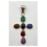 Sterling Silver Cross Pendant, Multicolored Stones