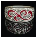 S.S. Red Enamel Swirl Design Ring