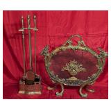 Antique Empire Style Brass Fire Screen & Tool Set