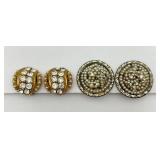 2 Pair of Vintage Rhinestone & Pearl Ear Clips