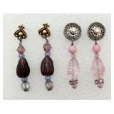 2 Pair Purple & Pink Glass Bead Earrings