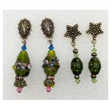 2 Pair Green Art Glass Earrings