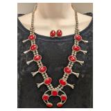 Vtg Navajo Coral Squash Blossom Necklace, Earrings