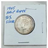 1945 India Half Rupee Coin 50% Silver
