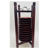 Vintage Chinese Wooden Plate Carrier & 12 Plates