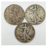 3 Walking Liberty 90% Silver Half Dollars