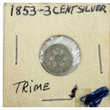 1853 3 Cent Silver ï¿½Trimeï¿½ Coin