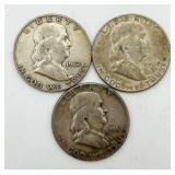 3 Franklin 90% Silver Half Dollars
