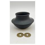 Matte Black Ceramic Vase & Chinese Coins