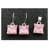Sterling Silver & Pink CZ Earring & Pendant Set