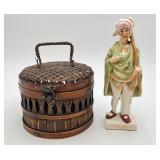 VTG Lot Porcelain Shepherd Figurine & Bamboo Box