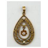 Antique 14K Gold, Diamond & Pearl Pendant