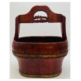 Antique Chinese Carved Wooden Bucket w/Brass Bands