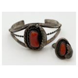 Sterling Silver Coral Cuff Bracelet, Matching Ring