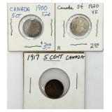 1900, 1917, 1920 Canadian 5 Cent Coins