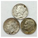 90% Silver Mercury Dime & 2 Eisenhower Dimes