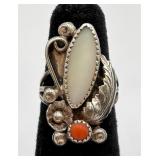Sterling Silver Coral & M.O.P.(?) Navajo Ring