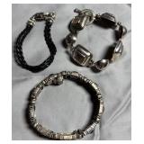 3 Silver Tone Fashion Bracelets w/ Black Details