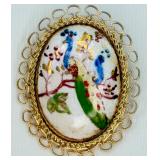 VTG HP Peacock Motif Framed Filigree Brooch