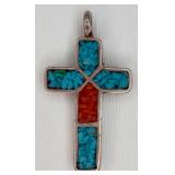 Sterling Silver Turquoise & Coral Cross Pendant