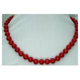 Pretty Handknotted Red Coral Round Beaded Necklace